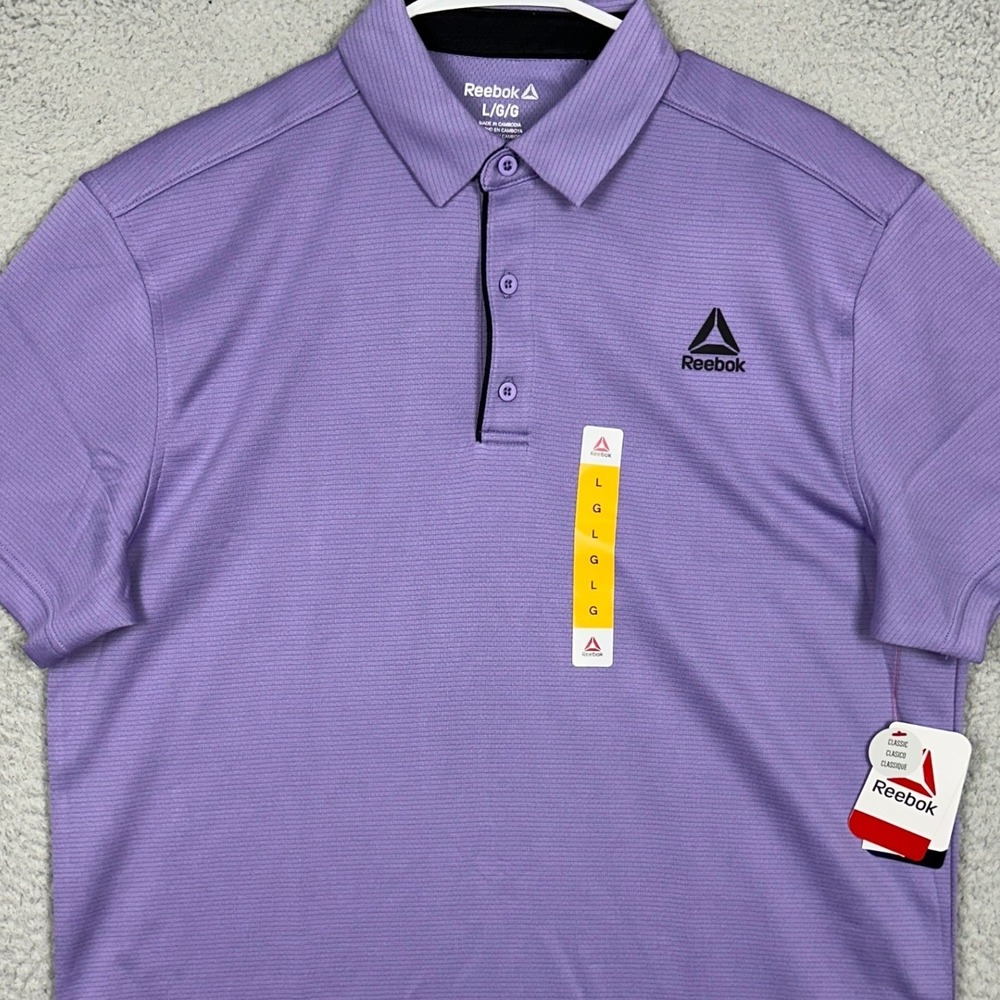 NEW Reebok Polo Shirt Mens Large Purple Striped Performance Rugby Short Sleeve
